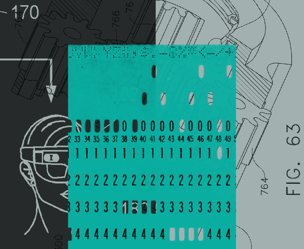 A collage of a gear patent drawing, a teal punch card and a visored head