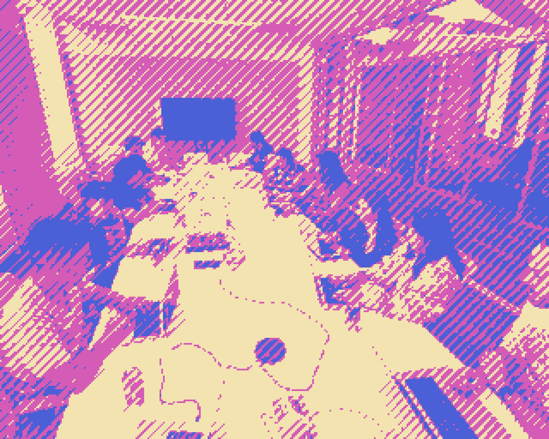A pink and beige diagonal dither of a long meeting table
