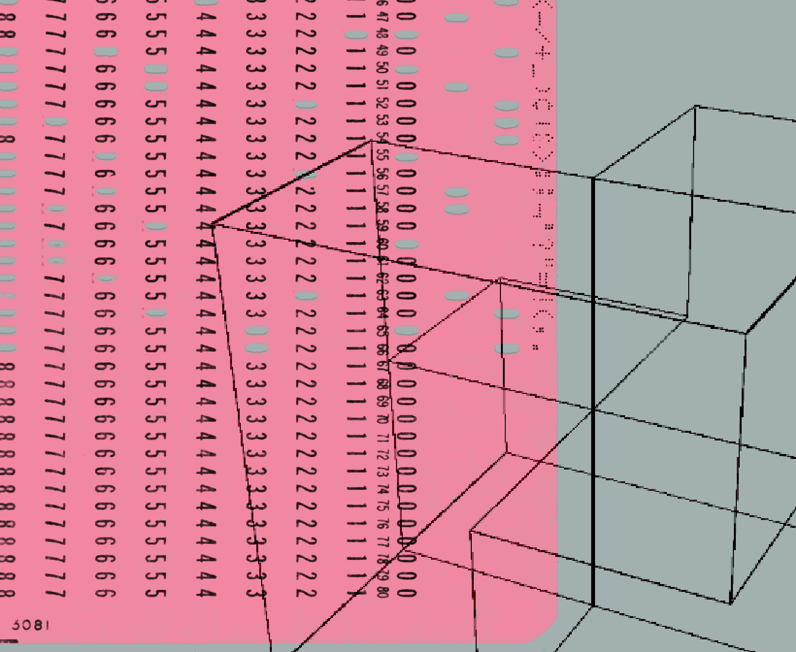 A pink punch card with columns of digits under a black wireframe of stacked cubes